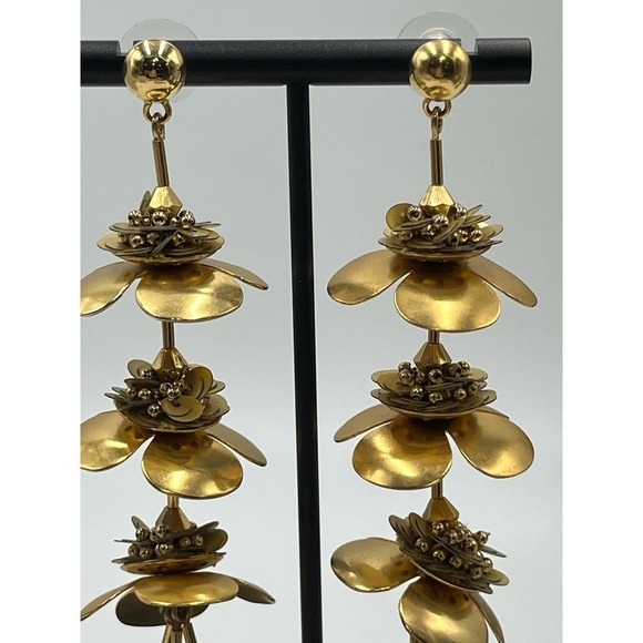 J. Crew Bead & Blossom Gold Tone Long Triple Flower Dangle Gilded Earrings - Picture 5 of 14